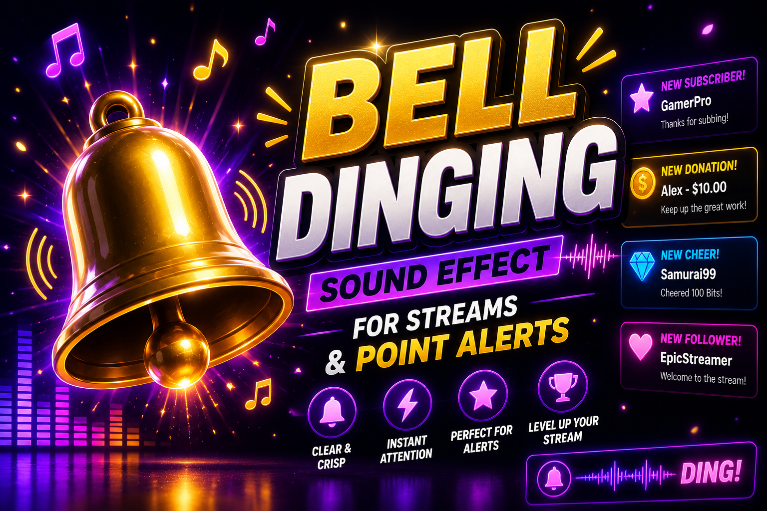 Brass bell with golden sound rings radiating outward