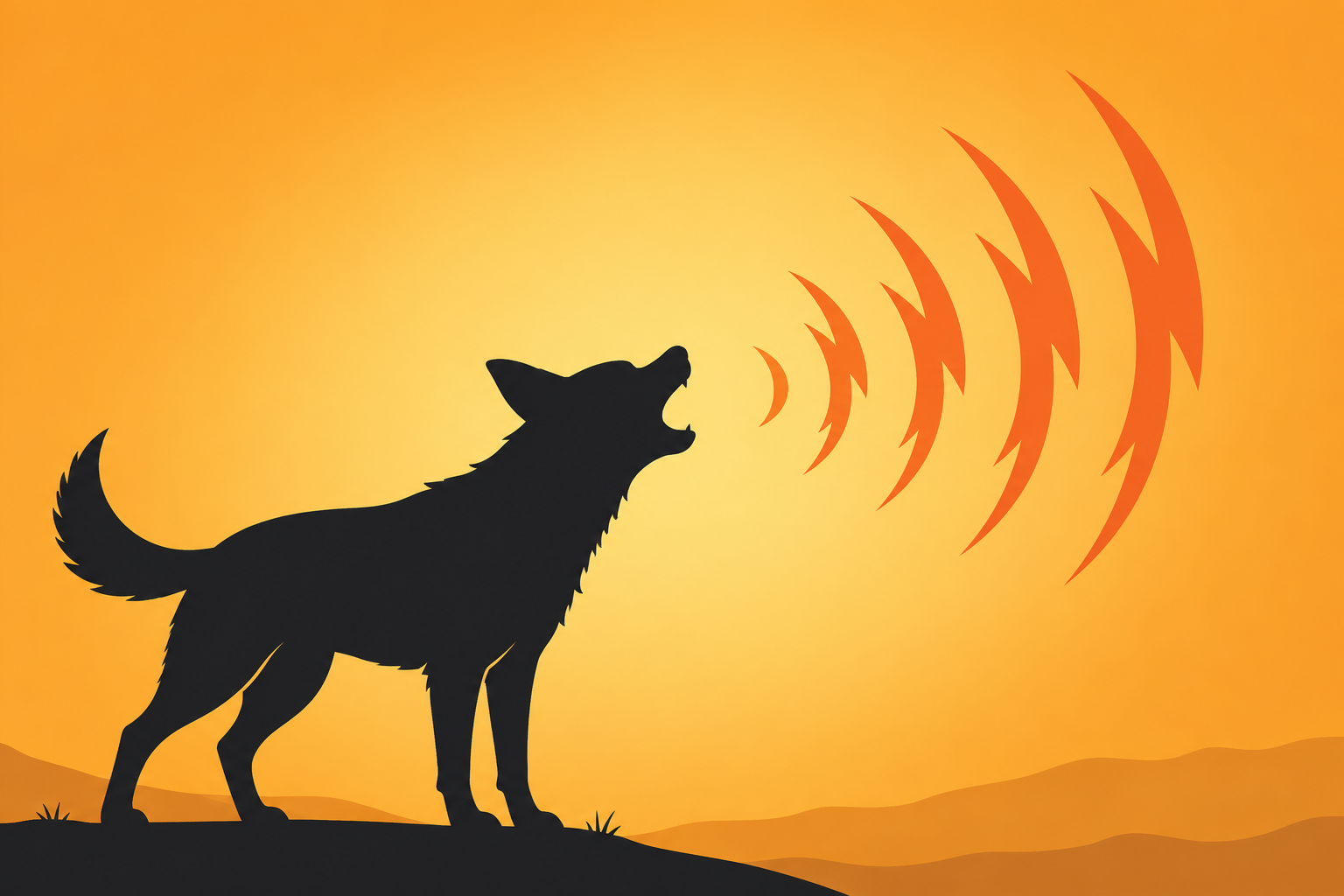 Dog silhouette mid-bark with bold sound wave lines bursting outward