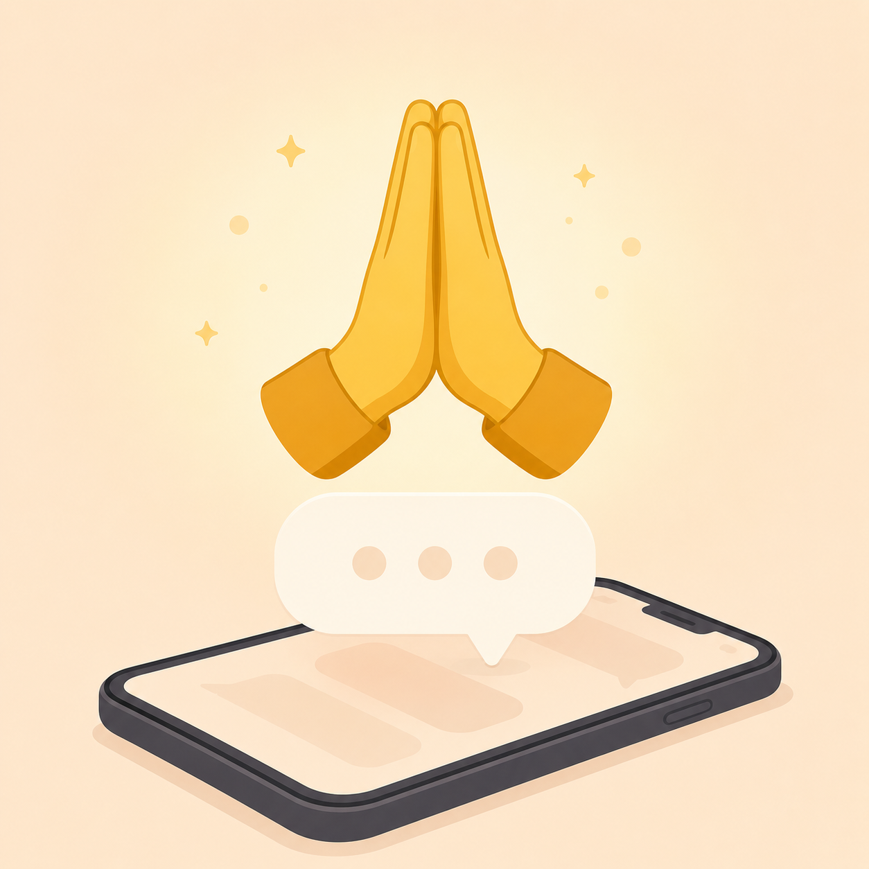 Illustration of the folded hands pray emoji above a phone chat bubble