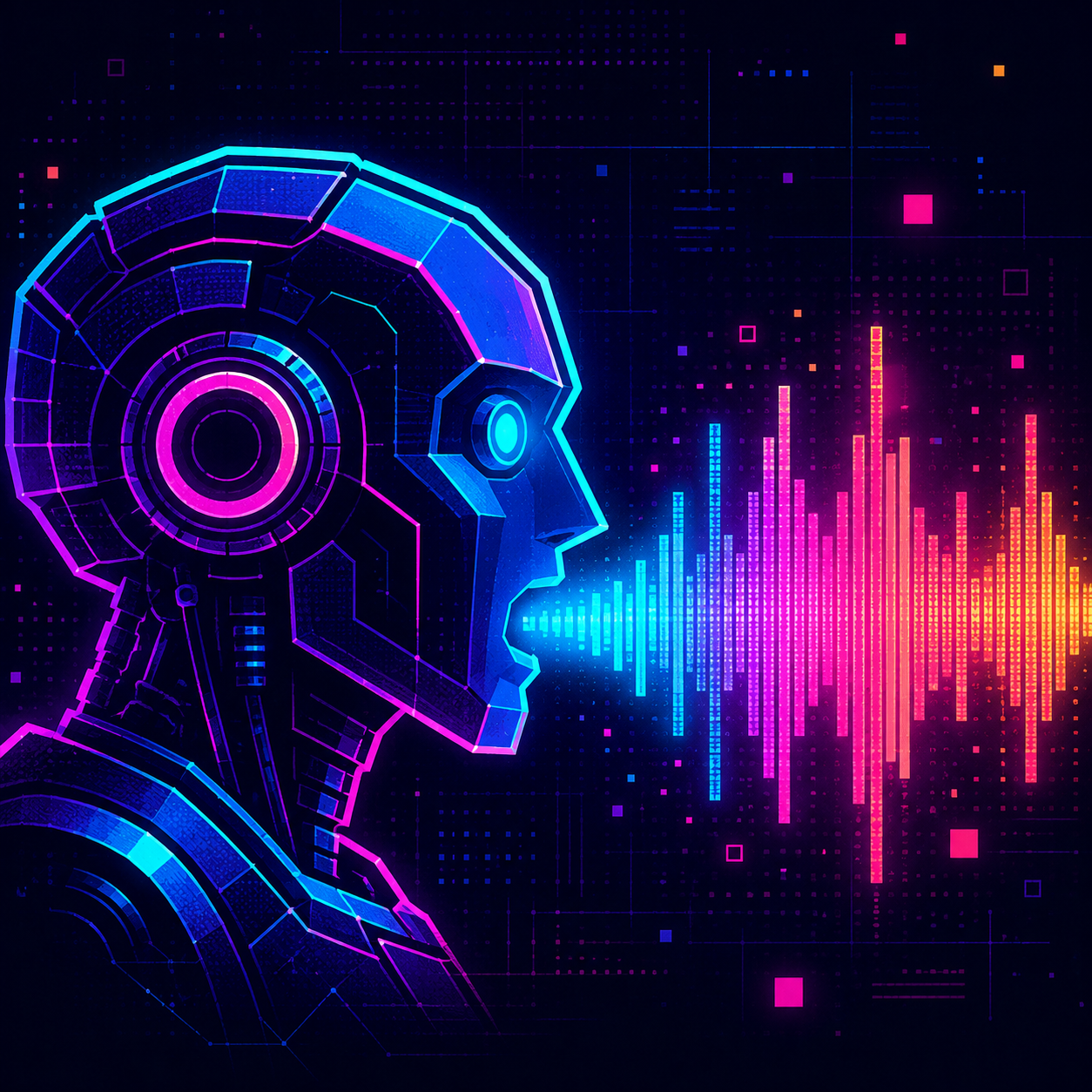 Retro-futuristic robot head outline with glowing digital sound wave bars